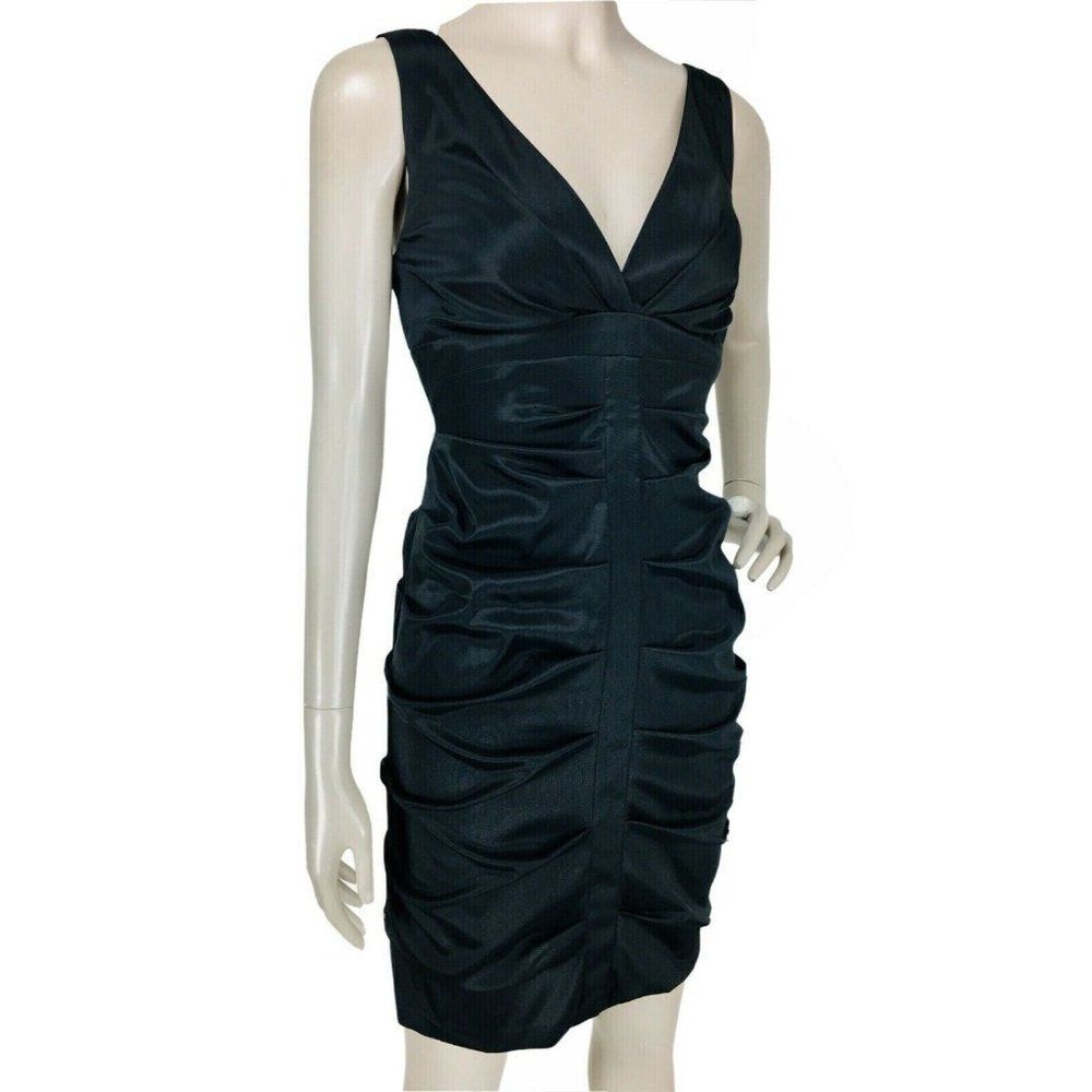 VTG XSCAPE Joanna Chen Black Satin Tafetta Sleeveless Ruched Bodycon Party Dress